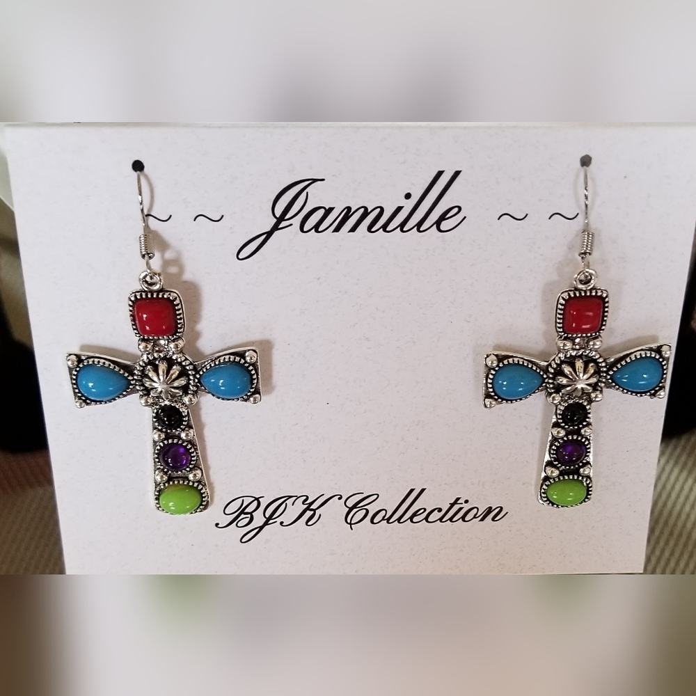 Multi Colored Stone Earrings. Large Cross hook dangle style.